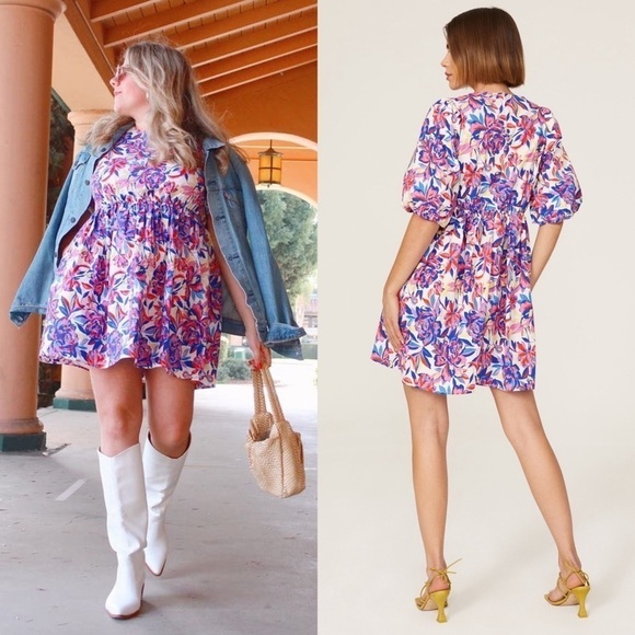 PETER SOM Floral Print Cotton Puff Short Sleeve Crew Neck Babydoll Mini Dress 12 - Picture 2 of 9